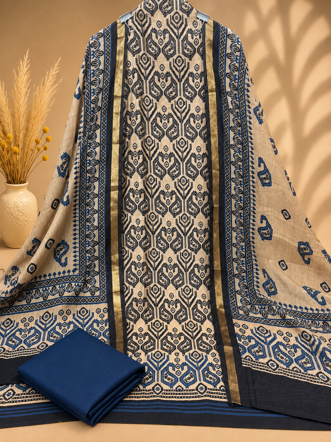 Blue & Beige Maheshwari Silk Unstitched Suit | Traditional Printed Designer Suit for Women