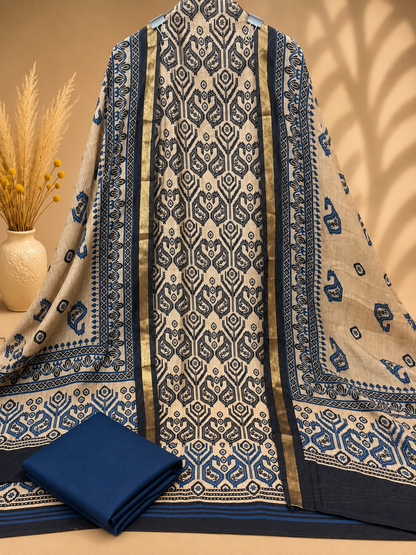 Blue & Beige Maheshwari Silk Unstitched Suit | Traditional Printed Designer Suit for Women
