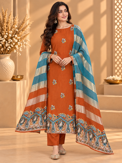 Rust Orange Printed Unstitched Suit in Pure Viscose Organza Silk | Designer Ethnic Wear for Women