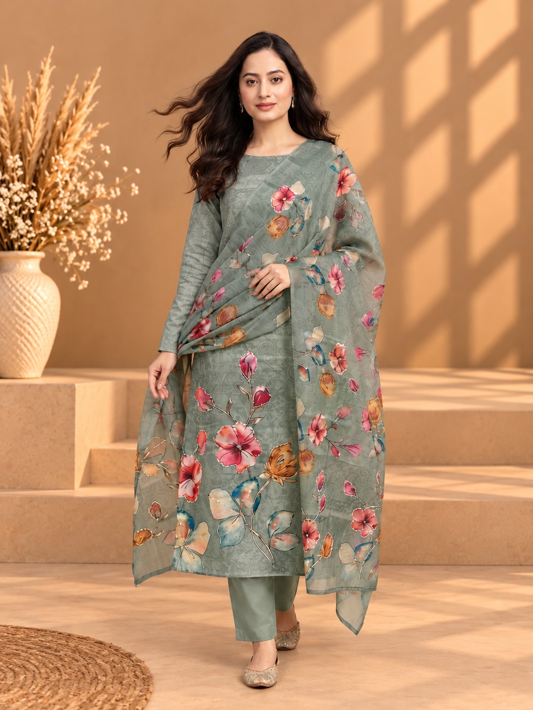 Sage Green Floral Printed Unstitched Suit for Women | Elegant Designer Ethnic Wear