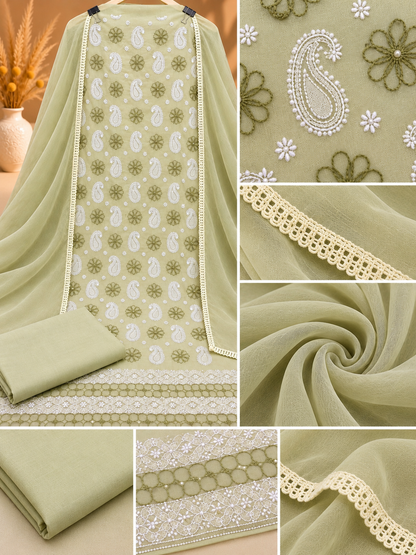 Pastel Green Lucknowi Chikankari Cotton Suit with Pure Chiffon Dupatta | Embroidered Unstitched Suit Set