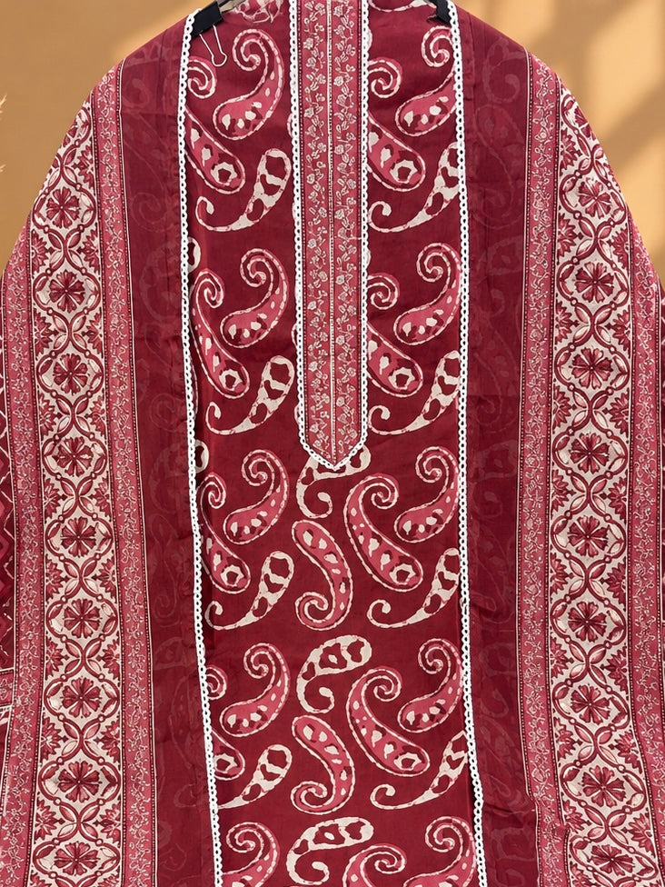 Maroon Jaipuri Cotton Printed Suit | Traditional Paisley Print Designer Unstitched Suit for Women