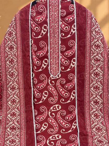 Maroon Jaipuri Cotton Printed Suit | Traditional Paisley Print Designer Unstitched Suit for Women