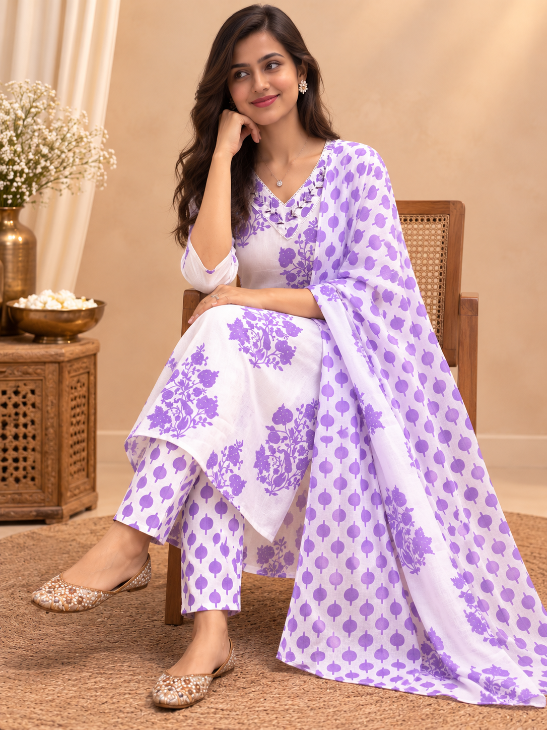 Purple & White Readymade Cotton Suit Set for Women | Floral Printed Kurta Pant with Dupatta