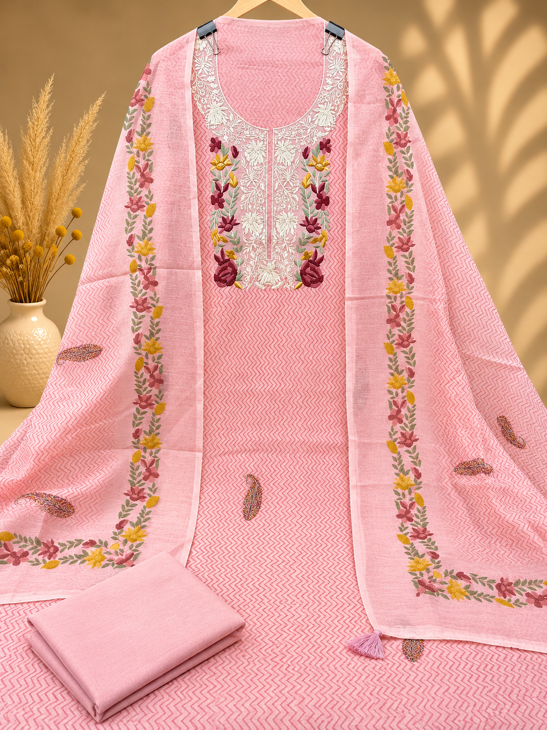 Pink Floral Embroidered Unstitched Suit with Designer Neckline & Embroidery