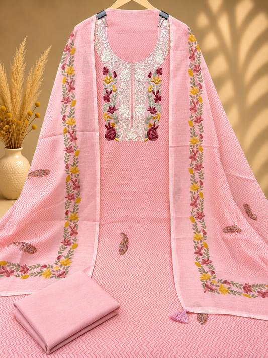 Pink Floral Embroidered Unstitched Suit with Designer Neckline & Embroidery