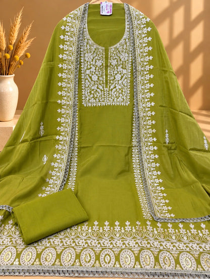 Olive Green Shimmer Silk Embroidered Suit | Designer Unstitched Suit with Embroidered Dupatta