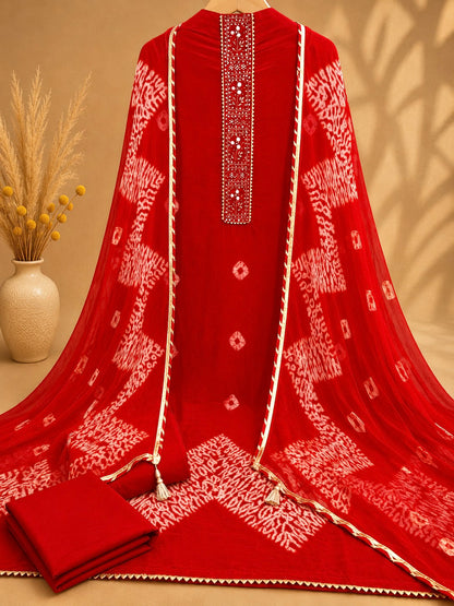 Premium Crepe Suit Set with Bandhani Print & Embroidered Neckline | Red Designer Crepe Suit for Women