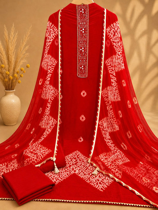 Premium Crepe Suit Set with Bandhani Print & Embroidered Neckline | Red Designer Crepe Suit for Women