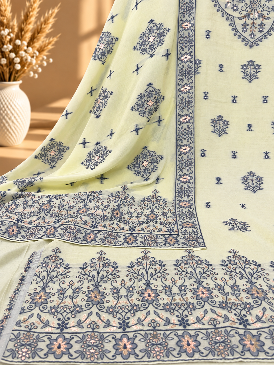 Pastel Green Muslin Digital Printed Unstitched Suit with Floral Border & Designer Dupatta | Premium Ethnic Suit