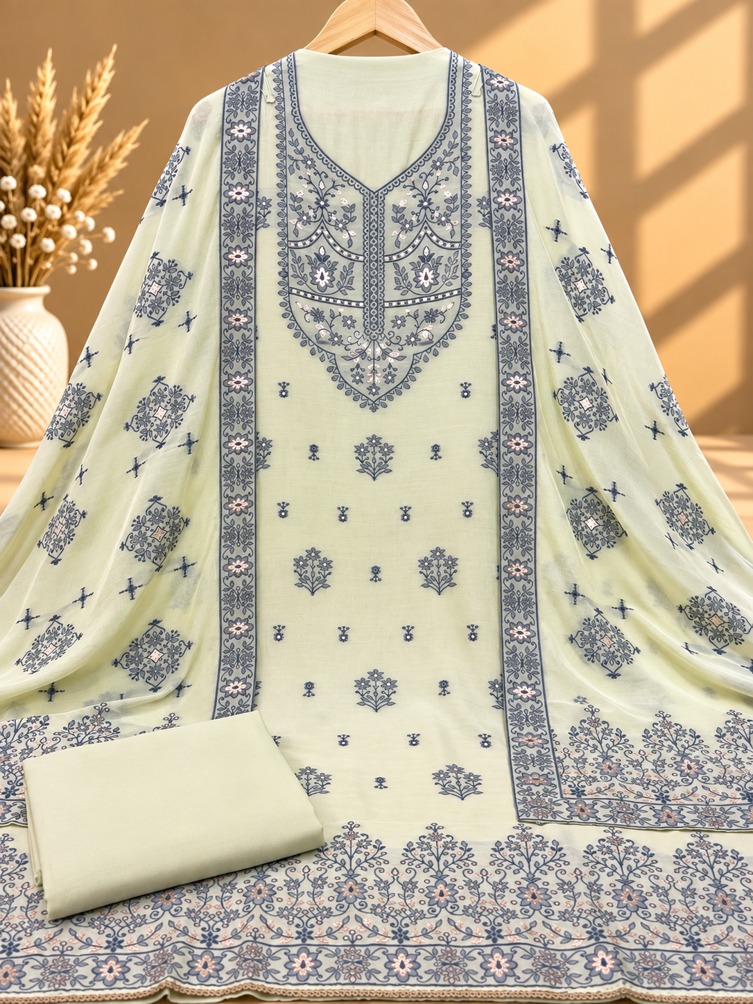 Pastel Green Muslin Digital Printed Unstitched Suit with Floral Border & Designer Dupatta | Premium Ethnic Suit