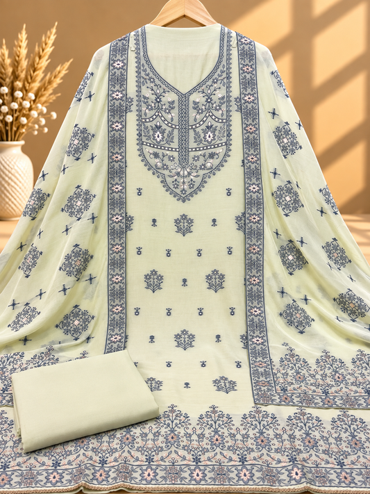 Pastel Green Muslin Digital Printed Unstitched Suit with Floral Border & Designer Dupatta | Premium Ethnic Suit