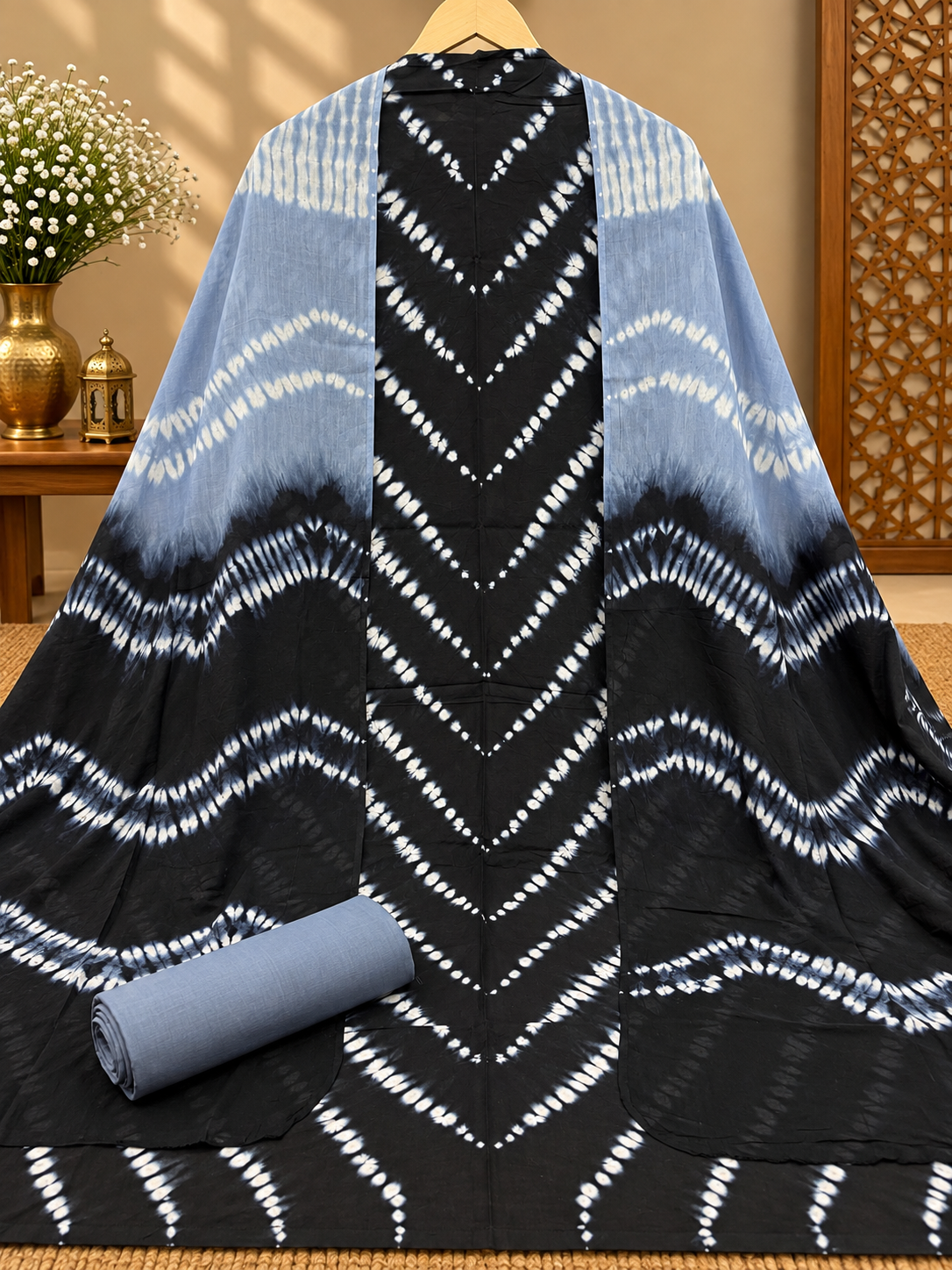 Premium Tie-Dye Cotton Suit Set | Black & Grey Shibori Printed Cotton Suit for Women