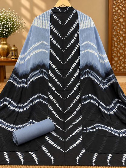 Premium Tie-Dye Cotton Suit Set | Black & Grey Shibori Printed Cotton Suit for Women