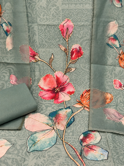 Sage Green Floral Printed Unstitched Suit for Women | Elegant Designer Ethnic Wear