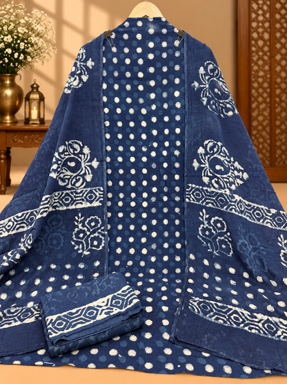 Indigo Hand Block Printed Cotton Suit with Dupatta | Traditional Indigo Print Dress Material