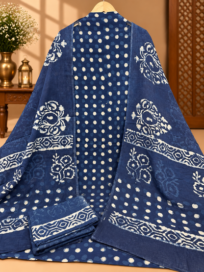 Indigo Hand Block Printed Cotton Suit with Dupatta | Traditional Indigo Print Dress Material