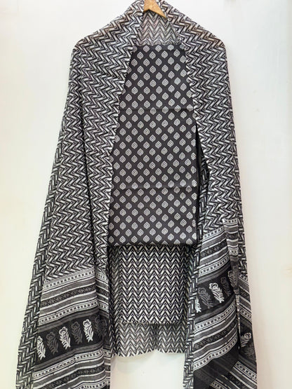 Jaipuri Hand Block Printed Suit with Mulmul Dupatta