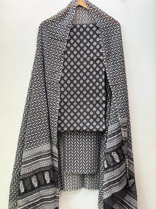 Jaipuri Hand Block Printed Suit with Mulmul Dupatta