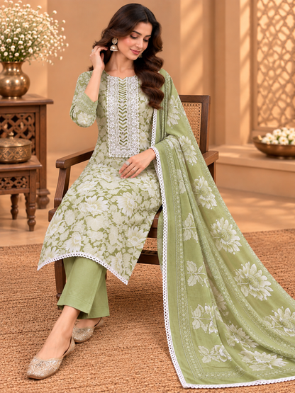 Premium Cotton Suit with Floral Print, Lace Detailing & Designer Dupatta | Elegant Cotton Suit for Women