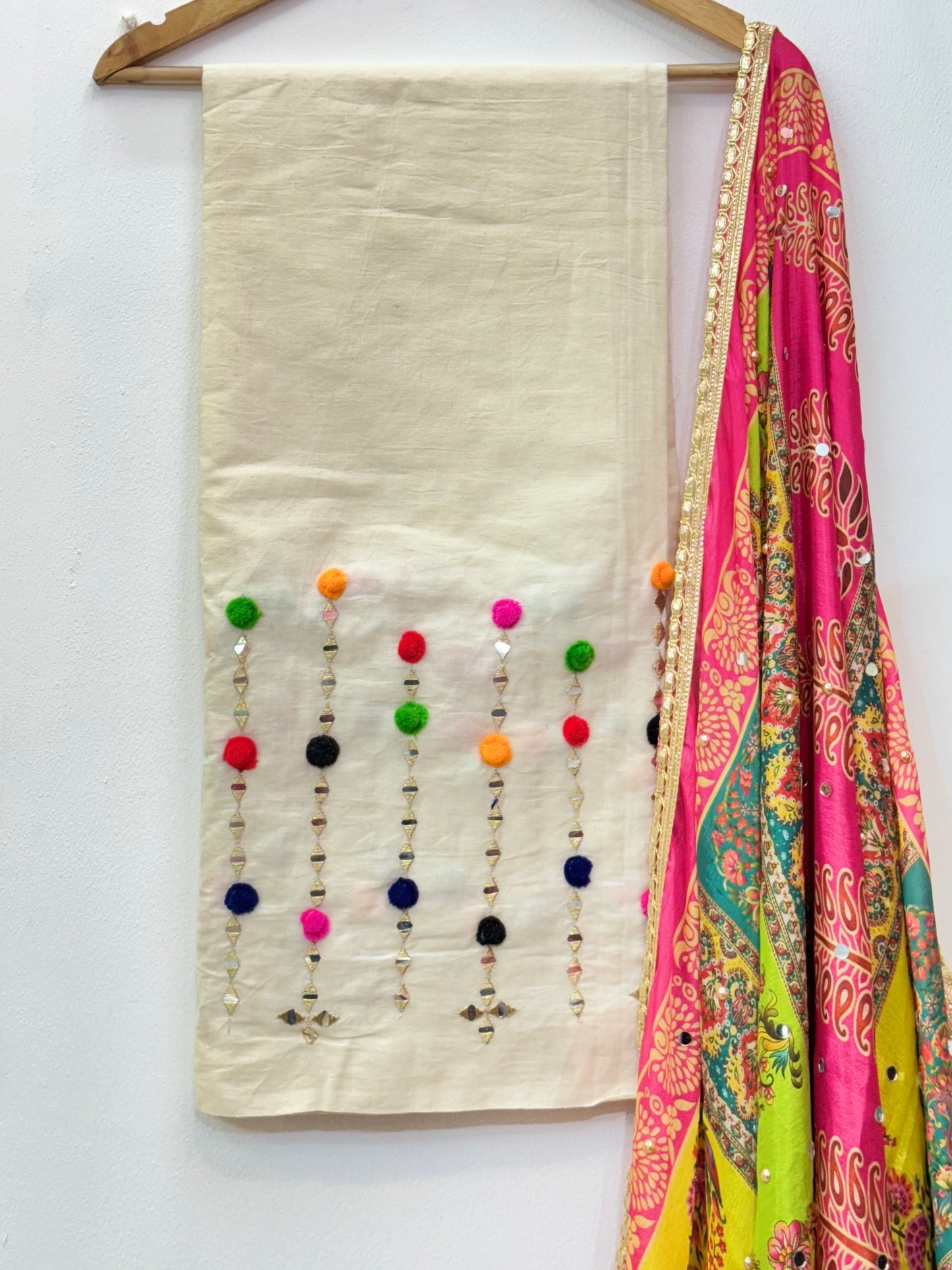 Self Cotton with Real Mirror Embroidery & Pompom Design