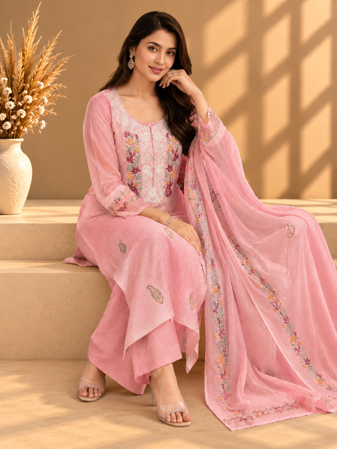 Pink Floral Embroidered Unstitched Suit with Designer Neckline & Embroidery