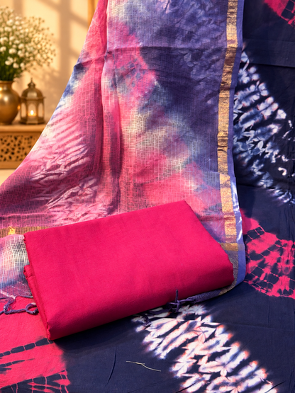 Navy Blue Shibori Print Suit with Kota Doria Dupatta | Handcrafted Ethnic Suit Set