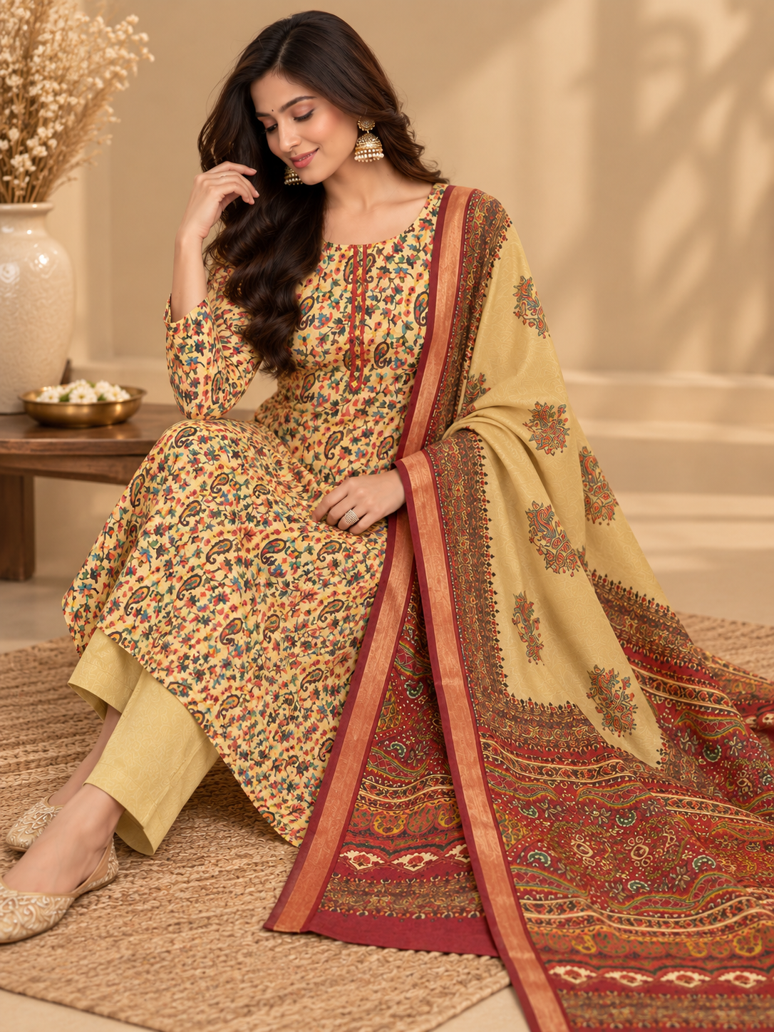 Premium Maheshwari Silk Suit with Traditional Floral & Paisley Print | Designer Silk Suit for Women