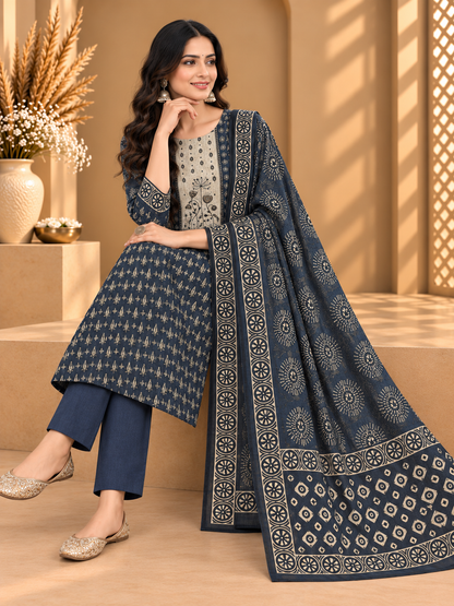 Navy Blue Cotton Printed Unstitched Suit | Traditional Block Print Designer Suit for Women