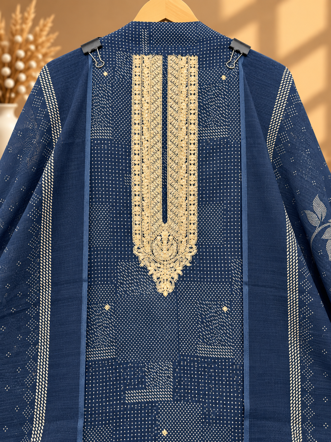 Navy Blue Linen Digital Printed Unstitched Suit with Embroidered Neckline & Dupatta | Designer Ethnic Suit