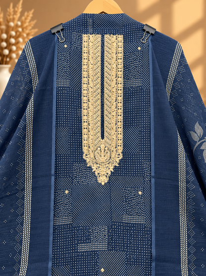 Navy Blue Linen Digital Printed Unstitched Suit with Embroidered Neckline & Dupatta | Designer Ethnic Suit