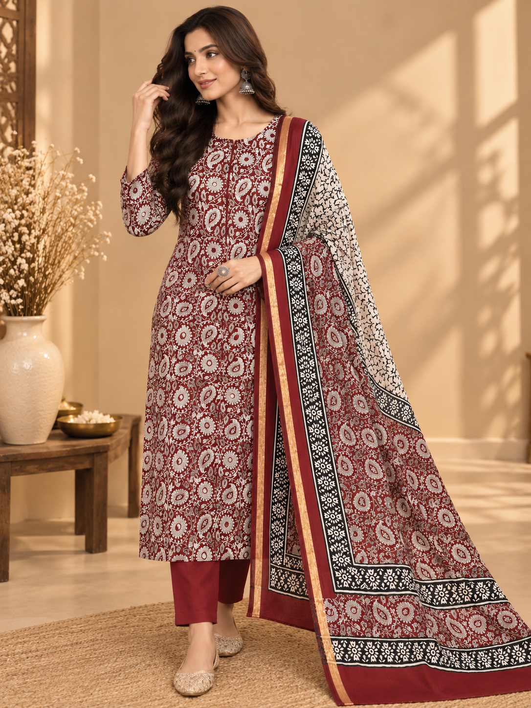 Premium Maheshwari Silk Suit with Traditional Paisley Print & Designer Border | Elegant Ethnic Suit for Women
