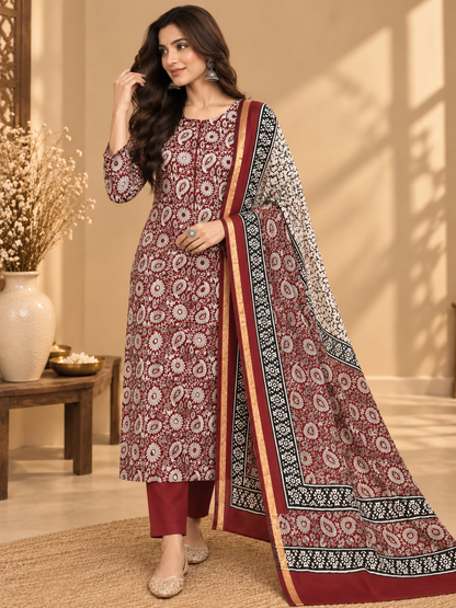 Premium Maheshwari Silk Suit with Traditional Paisley Print & Designer Border | Elegant Ethnic Suit for Women