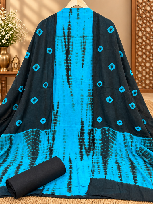 Premium Cotton Tie-Dye Printed Suit Set | Blue & Black Traditional Printed Suit for Women