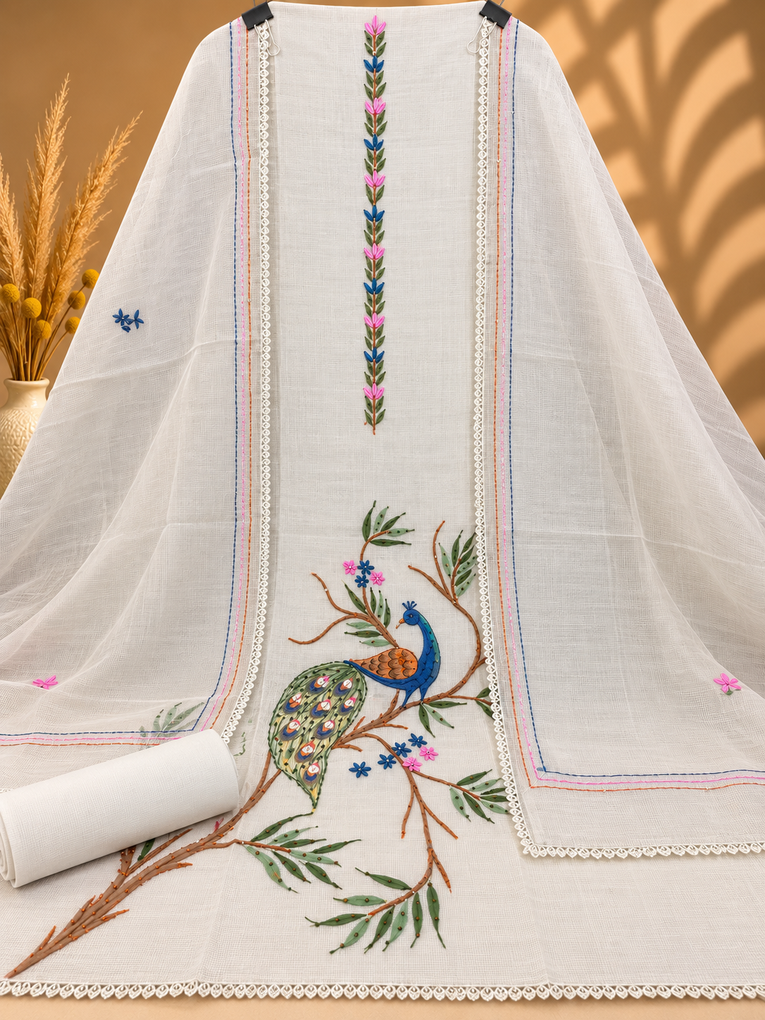 White Kota Doria Hand Painted Peacock Suit for Women | Designer Unstitched Suit