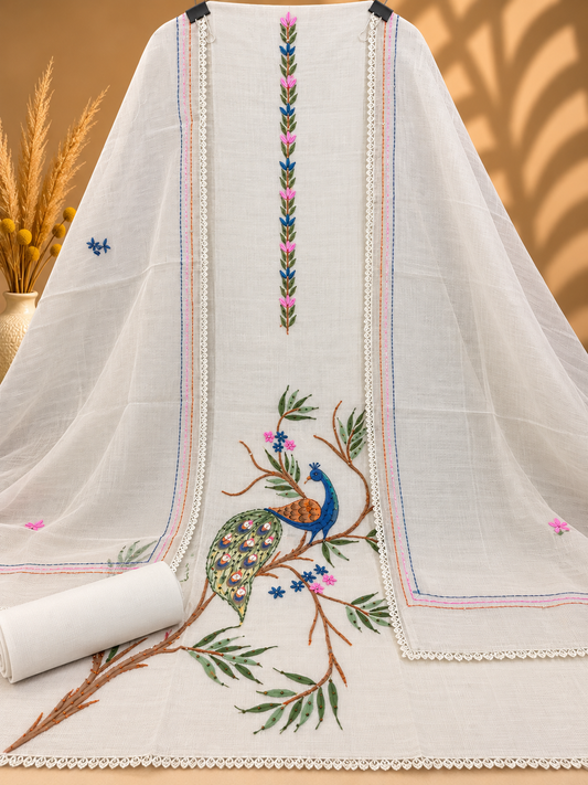 White Kota Doria Hand Painted Peacock Suit for Women | Designer Unstitched Suit