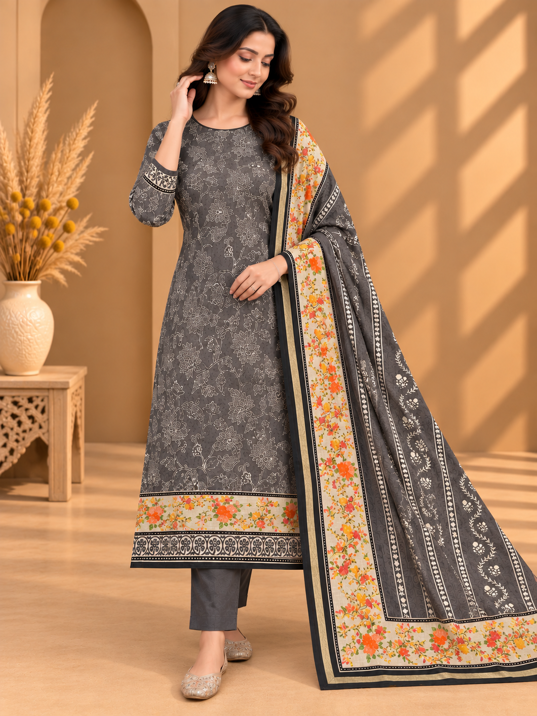 Premium Maheshwari Silk Suit with Floral Printed Design & Designer Border | Elegant Silk Suit for Women