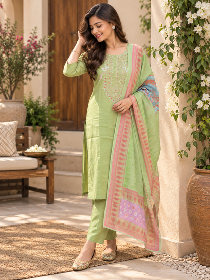 Shimmer Silk Readymade Suit Set for Women | Elegant Embroidered Kurta with Dupatta