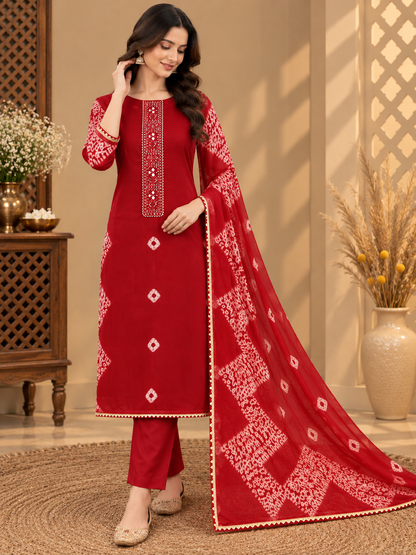 Premium Crepe Suit Set with Bandhani Print & Embroidered Neckline | Red Designer Crepe Suit for Women