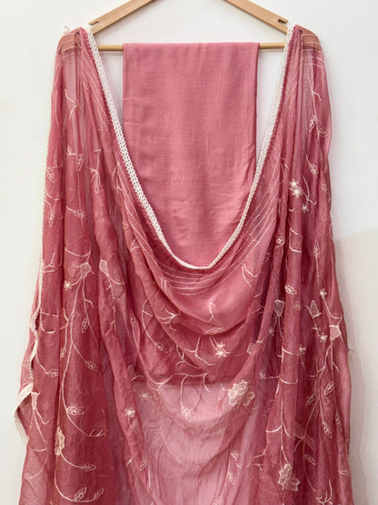 Beautiful thread work muslin suit with heavy Jaal work dupatta