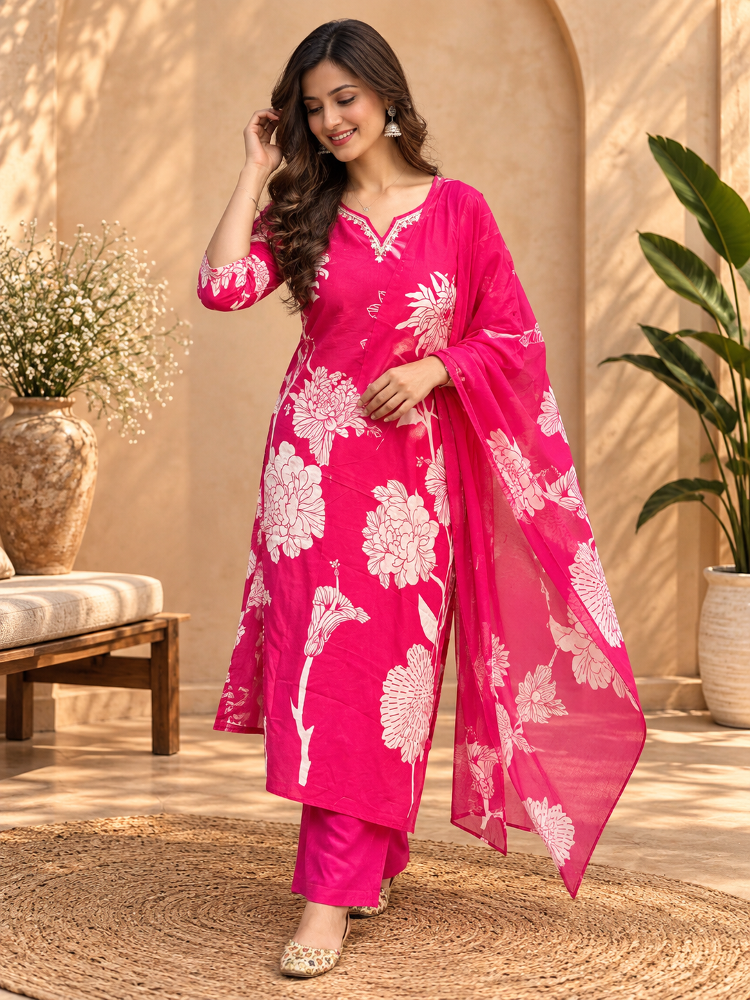Floral Printed Readymade Suit Set for Women | Elegant Kurta with Dupatta