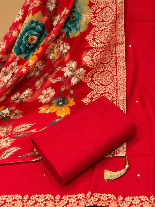Red Modal Silk Floral Printed Unstitched Suit for Women | Designer Ethnic Wear
