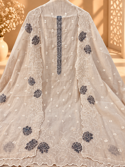 Ivory Jamdani Embroidered Suit | Floral Embroidery Designer Unstitched Suit for Women