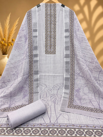Lavender White Linen Printed Suit | Designer Linen Unstitched Suit with Floral Dupatta