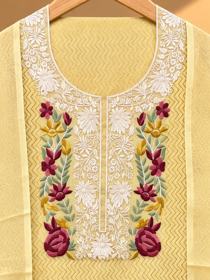 Pastel Yellow Designer Floral Embroidered Chanderi Silk Suit