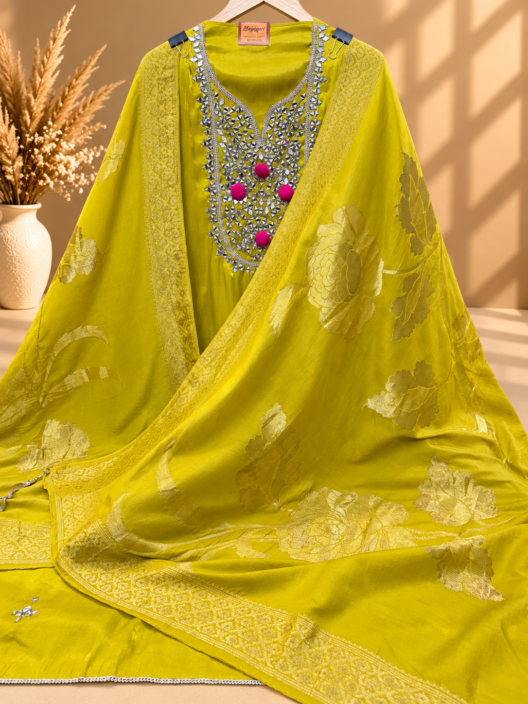 Lime Yellow Designer Unstitched Suit with Mirror Work & Floral Dupatta | Premium Ethnic Suit Set