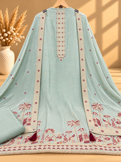 Mint Green Muslin Digital Printed Unstitched Suit with Designer Border & Dupatta | Premium Ethnic Suit