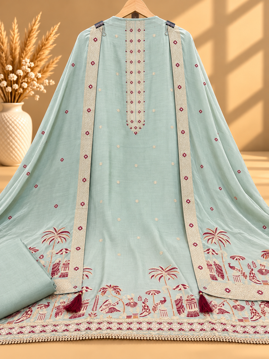 Mint Green Muslin Digital Printed Unstitched Suit with Designer Border & Dupatta | Premium Ethnic Suit