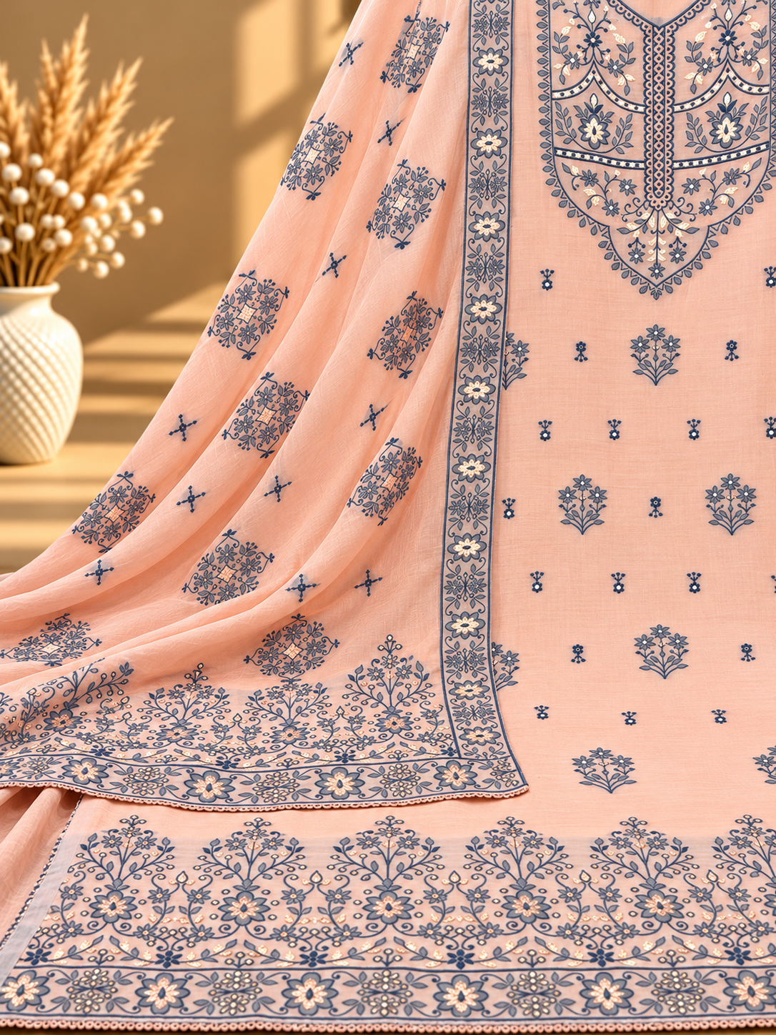 Peach Muslin Digital Printed Unstitched Suit with Floral Border & Designer Dupatta | Premium Ethnic Suit