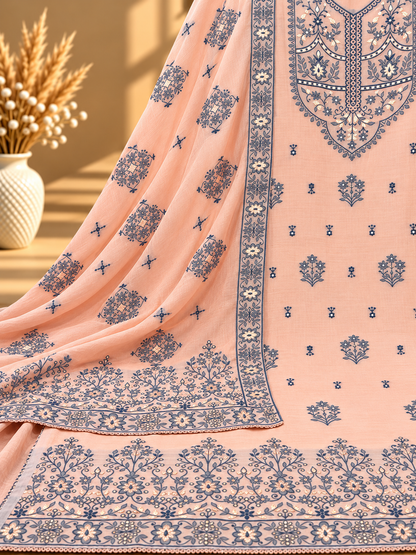 Peach Muslin Digital Printed Unstitched Suit with Floral Border & Designer Dupatta | Premium Ethnic Suit